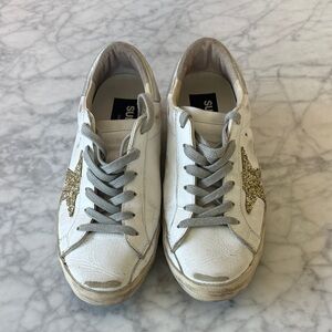 Golden Goose White Leather Sneakers with Gold Glitter Star